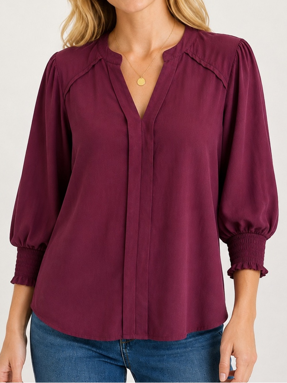 Umgee Burgundy Notch Neck Blouse 3/4 Sleeve Smocked Cuffs Size S